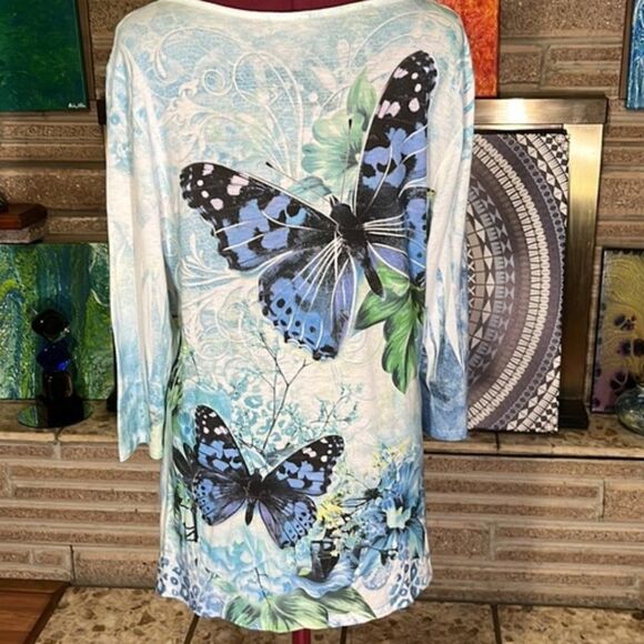 Cal Style USA Butterfly & Floral Print Tunic 3/4 Sleeve Size Large - Picture 6 of 12